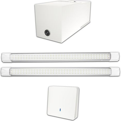 Kit éclairage sans fil garage box cave sous sol - 2 réglettes led - 1 Batterie - 1 interrupteur radio - Gamme CONFORT - 2200 lumens