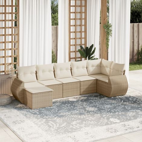 Canapé de jardin 7 places en résine tressée beige avec coussins amovibles – salon modulaire résistant aux intempéries (1/5)