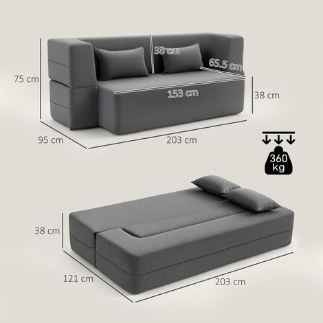 Canapé convertible 2 places, canapé-lit en chenille, assise et accoudoirs larges 2 coussins, entièrement compressé, gris (1/5)