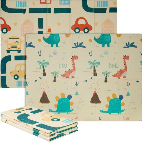 Relaxdays Tapis de jeu pliable enfants, voitures & dinosaures, 200 x 150 cm, mousse XPE, tapis d'éveil bébé, multicolore