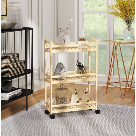 Carrito auxiliar de bambú de 3 niveles 55 x 20 x 75 cm con asa y ruedas, natural HAVRYA (1/5)