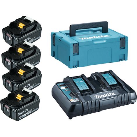 Makita – Pack de 4 batteries 18V 6,0Ah Li-Ion avec chargeur double – Autonomie accrue – Indicateur de charge – Coffret MakPac – 1980914