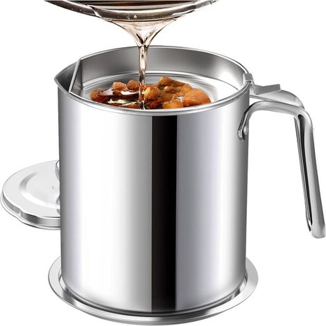 Fettbehälter aus Edelstahl mit feinmaschigem Sieb, 2 l, mit Staubschutz, rutschfeste Küchenablage zum Aufbewahren von Brat- und Kochfett (1/4)