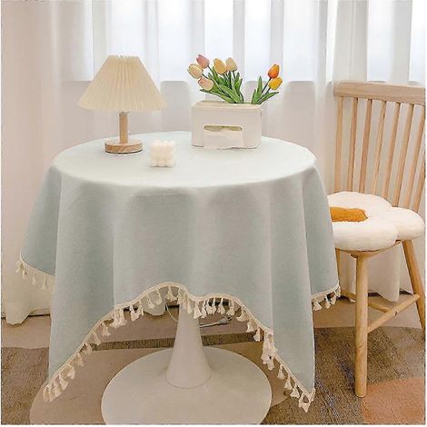 Nappe ronde en coton et lin avec franges lavable couleur unie pour la décoration de la cuisine et de la salle à manger - 60 x 90 cm - Bleu clair (1/5)