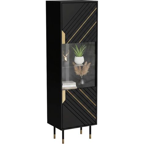 Vitrina Ippoliti, vitrina de salón con puertas de cristal y detalle, elevada del suelo, 54 x 40 x 180 cm, color negro y dorado