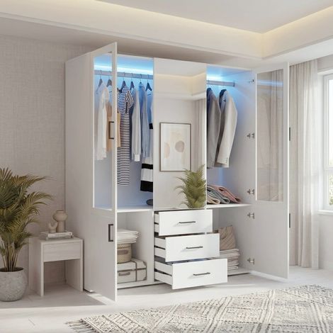 Armoire Blanche Moderne 130x52x181,5 cm - Penderie Dressing avec Éclairage LED, 2 Portes en Verre, 2 Portes Battantes, 3 Tiroirs et Tringle - Meuble de Rangement