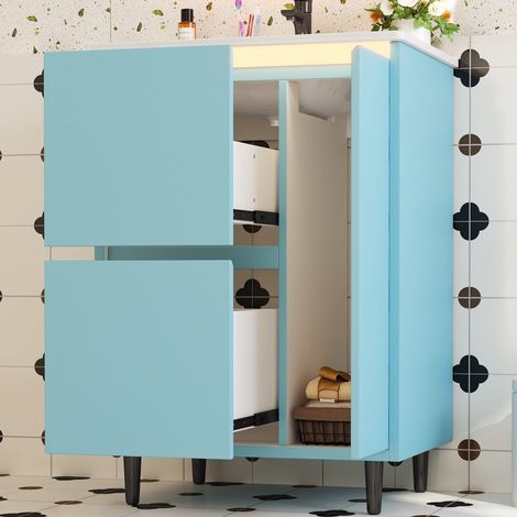 Mueble de baño con lavabo (61x46.5x87 cm), lacado completo, 2 cajones, armario, cerámica y MDF azul (1/5)