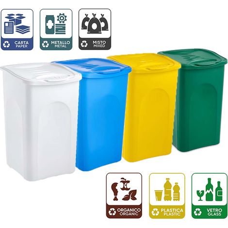 Set di 4 Bidoni per la Raccolta Differenziata 50 litri Bianco Blu Verde Giallo pattumiera da interno o esterno Plastica Carta Vetro Indifferenziato casa ufficio locale commerciale giardino terrazzo (1/5)