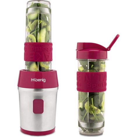 H.Koenig Mini Frullatore per SMOOTHIE Compatto 570mL SMOO10 Senza BPA Potente 300W, Frullatore per smoothie e frullati 2 Bottiglie Portatili con coperchio, 4 Lame in acciaio Inox, fucsia (1/5)
