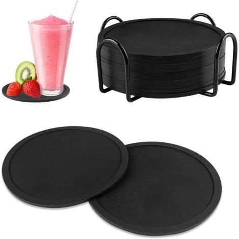 QORVA-Lot de 12 dessous de verre en silicone avec support, dessous de verre noirs avec rainures, dessous de verre ronds pour tasses à café ou à bière, tasses à thé, boissons, plantes et bars