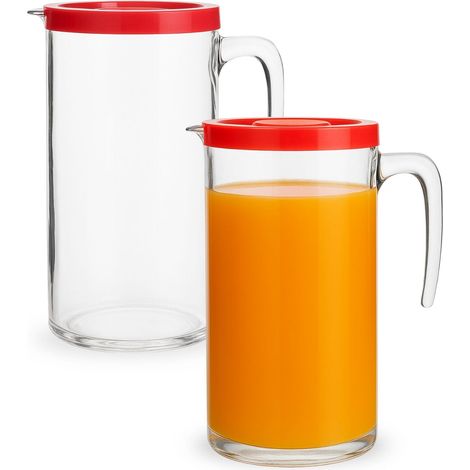 2 Caraffe in vetro da 1 litro con coperchio rosso, beccuccio antigoccia e manico ergonomico - Brocca lavabile in lavastoviglie, perfetta per acqua, su (1/5)