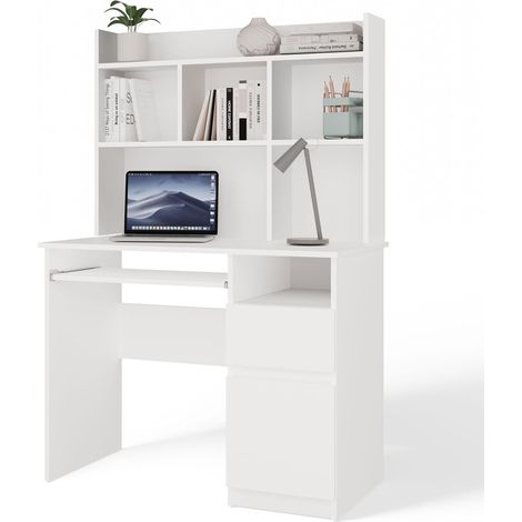 PORTO DESTRA - Scrivania 98×51×145 cm con 3 cassetti e ripiani, con mensola superiore per ufficio / camera da letto - Bianco (1/5)
