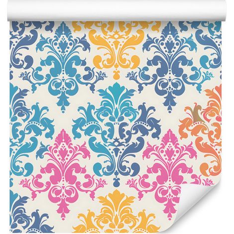 Papier peint baroque damassé bleu, crème et rose poudré 50x1000 cm (1/5)