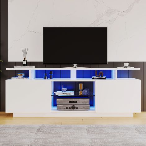 Armoire TV blanche 1,4 m éclairage LED 16 couleurs,compatible TV 60 pouces compartiments en verre haute brillance. (1/5)