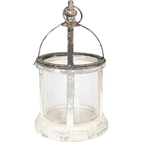 Lanterne Photophore en Bois Blanc avec Toit en Métal Style Brocante Bougeoir 28x46 cm - PANGIVO