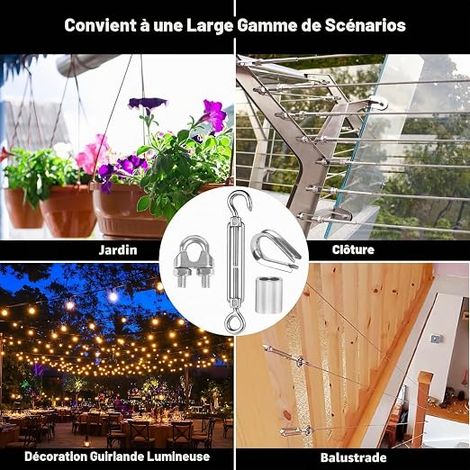 M5 Tendeur Cable Inox Kit Tendeur Inox Fixation Toile Ombrage Plantes Grimpantes Clôture de Jardin Corde à Linge Guirlande Lumineuse D'extérieur Corde Linge