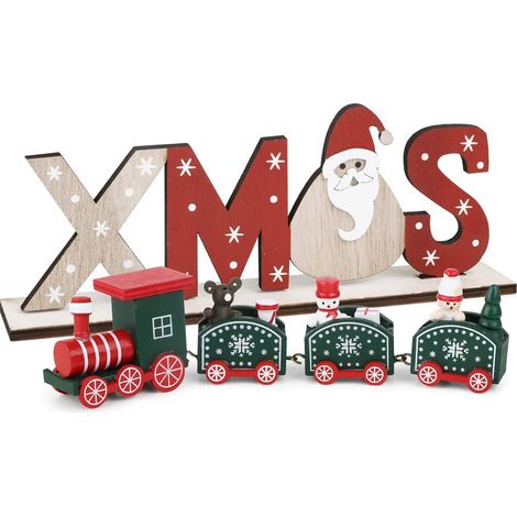 Train de Noël en Bois Lettre en Bois Ornement Bois Decoration Noël Table de Noël Boule de Noël Lettre Xmas Snow Père Noël Cadeau Jouets Fenêtres Vitre Décoration (Vert + Xmas) (1/5)