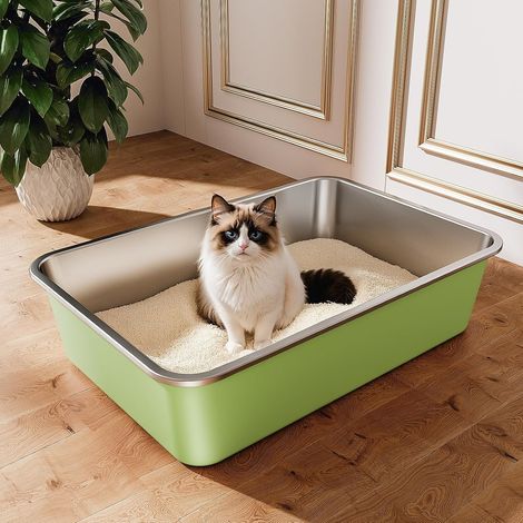 1 Bac Litiere Inox 60x40x15cm Anti-Odeurs Grand Chat Lapin Vert