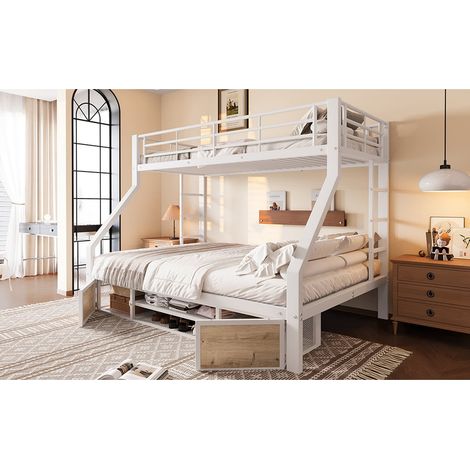 Lit superposé 90x200 ou 140x200 cm avec placard à chaussures, rangements, garde-corps, échelle et certification en747, sans matelas, blanc (1/5)