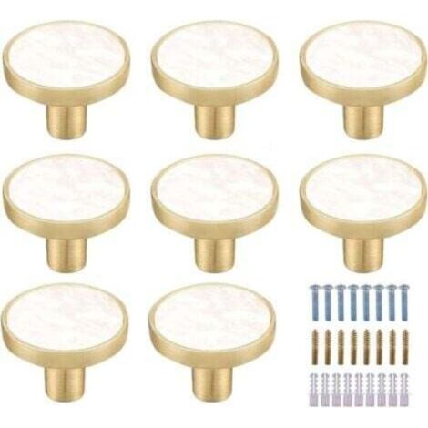 Lot de 8 boutons de placard en marbre et laiton doré - Boutons de tiroir décoratifs blancs - Crochets pour meubles de cuisine (1/4)