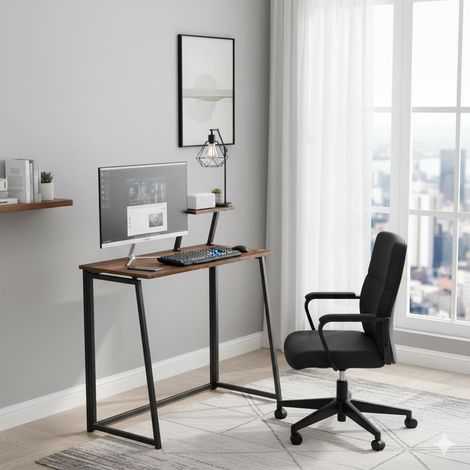 Poste de Travail Informatique Pliable, avec Etagère Surélevée pour Ecran, pour Bureau ou Salle D'étude, Transport et Rangement Aisés, Compact et Moderne Industriel, 80 x 40 x 74 cm (1/5)