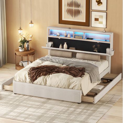 DESVIAE Lit double rembourré avec rangement tête de lit réglable LED USB quatre tiroirs gris antique lin 140 x 200 cm (1/5)