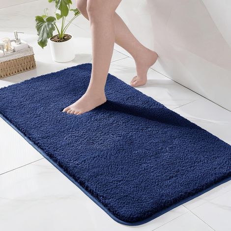 Tapis de Bain en Microfibre, 60 x 120 CM, Uni Marine  Tapis pour salle de bain, douche, déco, antidérapant, absorbant, doux, séchage rapide, lavable en machine, à poils longs (1/5)