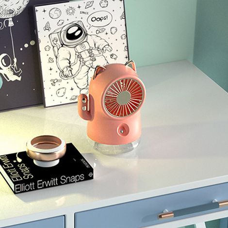 Tischventilator mit Sprühnebel in Katzenform, Multifunktions-Nano-Sprühfunktion, 3 Geschwindigkeitsstufen, kleiner Kühlventilator für Zuhause, Büro und Reisen, Rosa (1/5)