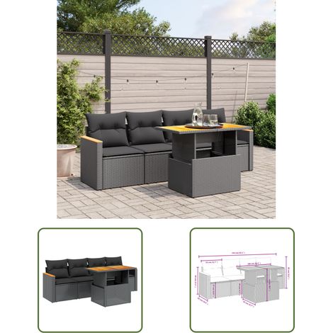 The Living Store Salon de jardin 5 pcs avec coussins noir résine tressée - Ensemble Salon De Jardin - Meuble De Jardin - Salon Extérieur - Résine Tressée - Rotin Synthétique