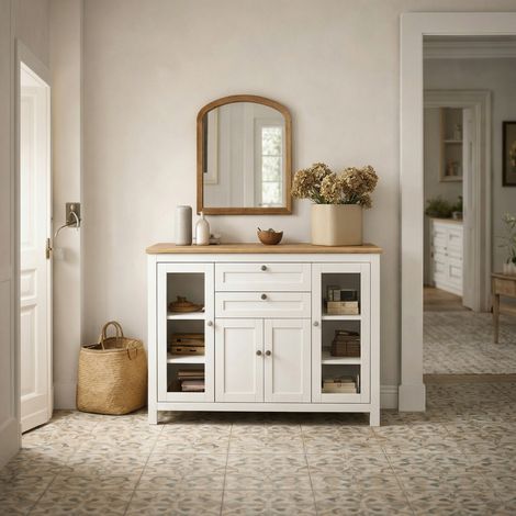 Buffet salon, meuble de rangement avec 1 placard double porte, 2 placards à porte vitrée, 2 tiroirs et étagère réglable, style moderne, buffet salle à manger et cuisine, 120x40x90cm, blanc (1/5)