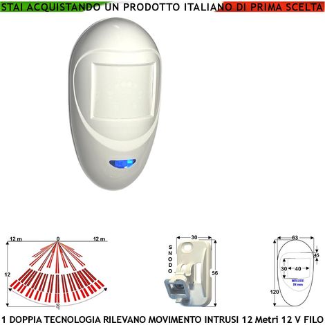 Sensore di Movimento Doppia Tecnologia Grandangolo Antifurto Portata 12 MT da Interno Rileva Intruso Aliment. 12 V Assorb. 40 mA Infrarosso Lente 18 Fasci su 4 Piani ERS Contenitore Bianco Snodo ABS (1/4)