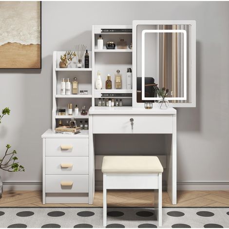 Meuble rangement coiffeuse miroir LED MDF blanc OKMYHOME (1/5)