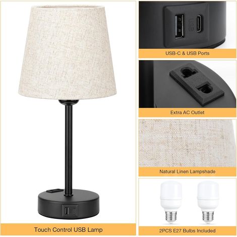Lampe de chevet tactile avec ports USB-A, USB-C et CA, variateur 3 positions, blanc cassé, pour chambres, salons, chambres d'enfants et bureaux (ampoule incluse) [Classe énergétique F]