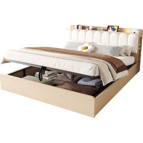 Letto matrimoniale 180x200 cm con contenitore idraulico, testiera con mensole e vani, USB e luce notturna, velluto beige e legno chiaro  CHICFURN (1/5)