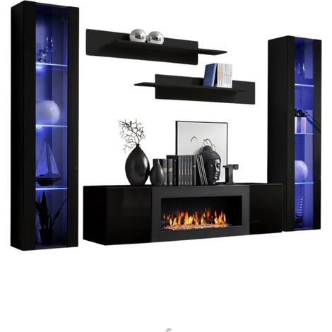 Wandmöbel-Set mit dekorativem Kamin der Kollektion FLY M2. Farbe Schwarz.