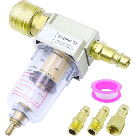 Séparateur d'eau 1/4" en laiton - Séparateur d'eau à air comprimé avec 4 raccords rapides et 1 bande en téflon - Filtre à air comprimé pour compresseur (1/5)