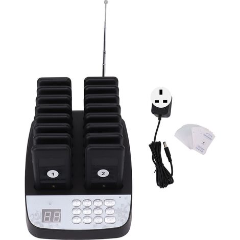 Schwarzes Kundenrufsystem mit 16 Einheiten, Vibrationsalarm, Klingelton und Lichtsignal für Gastronomiebetriebe, UK-Stecker 100–240 V (1/5)