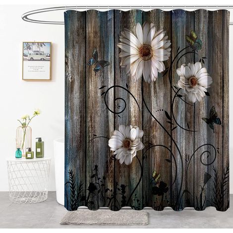 Rideaux de douche floraux avec crochets en plastique, rideaux de douche rustiques lavables 180 × 180 cm pour salle d'eau baignoire salle de bain (1/5)