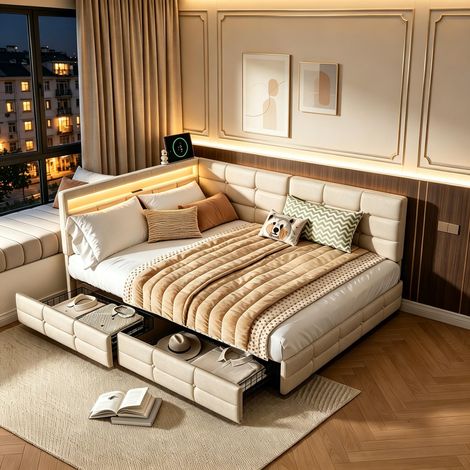 FOERPL-Divano letto imbottito 140 x 200 cm con LED e USB/Type-C, letto singolo imbottito 140 x 200 con 2 cassetti letto con rete a doghe per soggiorno camera da letto in lino