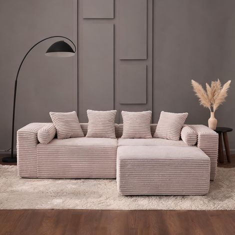 Canapé modulaire d'angle beige avec méridienne et tissu chenille (1/5)