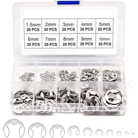 200 E-Clips Externer Sicherungsring-Schnappverschluss, Interner Sicherungsring, Interner Sicherungsring, E-Clip-Ring, Edelstahl-Sortiment-Kit für interne Sicherungsringe – 1,5/2/3/4/5/6/7/8/9/10 mm (1/4)