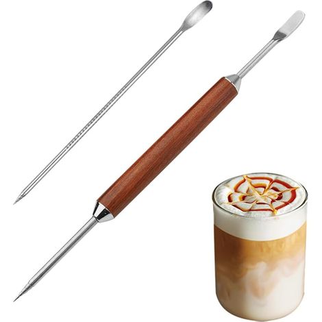 2 stylos Latte Art, aiguilles à graver à double tête, manche en bois, aiguilles décoratives en acier inoxydable pour latte art, aiguilles avec manche en bois, idéales pour la maison et le café (1/5)