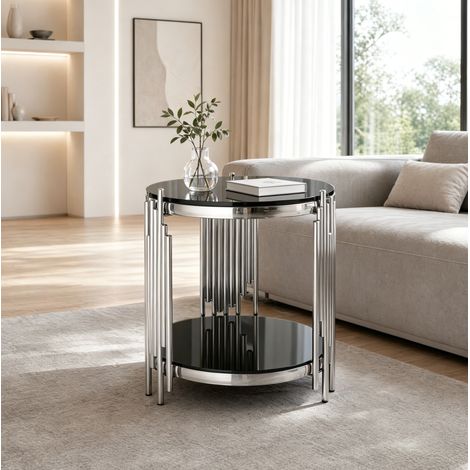 Mesa auxiliar redonda 45x45x55 cm negro/plata, 2 niveles, vidrio templado, acero inoxidable MEUBLIV (1/5)