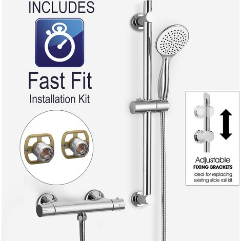 Round Chrome Thermostatic Shower Mixer Bar Valve & Slider Rail Kit Handset + FFK (1/5)