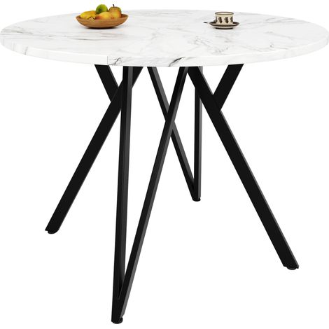 Table à manger 100×100×76 cm en MDF effet marbre noir, piétement métallique géométrique. (1/5)