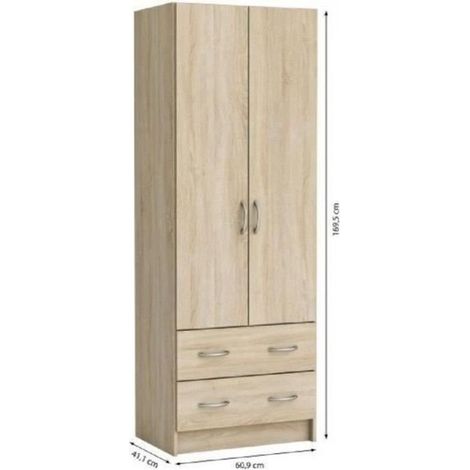 DEMEYERE Armoire - Décor chene brossé - 2 portes et 2 tiroirs - Classique - Chambre - L 61 cm - DUAL (1/5)