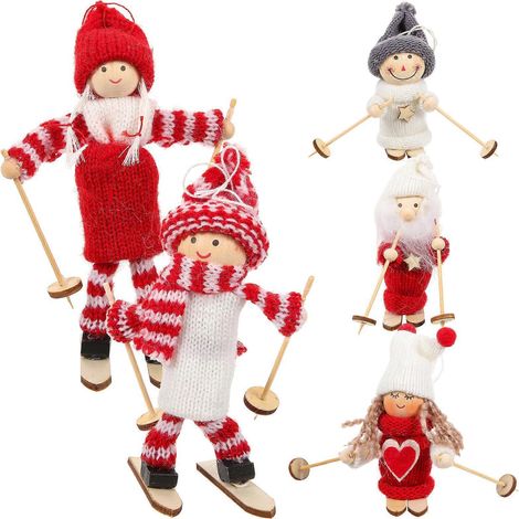 Lot de 5 décorations de Noël en bois sculpté, représentant des skieurs, pour la maison et le magasin (motifs assortis).-8X13.5cm