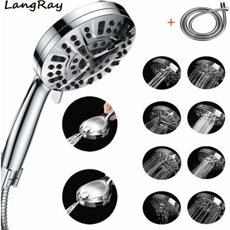 Pommeau de douche haute pression avec poche, 8 réglages de pulvérisation + 2 modes de pulvérisation puissants, pommeau de douche amovible de 12,7 cm avec tuyau en acier inoxydable et support r