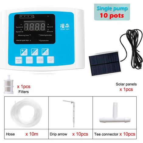 (Pompe unique, bleue, tuyau de 10 mètres) Système d'irrigation goutte à goutte pour jardin, programmateur, à énergie solaire. (1/4)