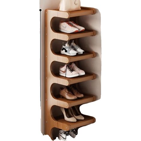 Étagère à chaussures, design vertical à 7 niveaux, construction en bambou gain de place, Kaki Foncé (1/2)